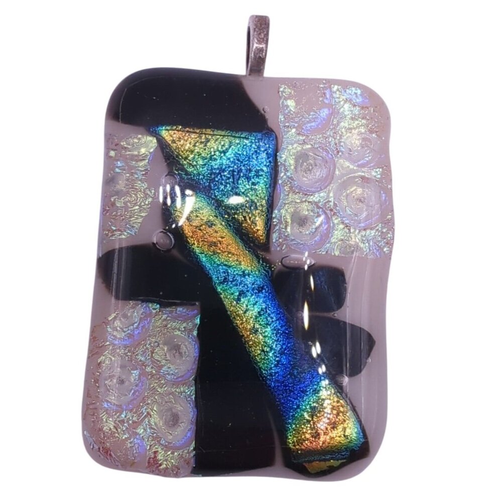 Handcrafted Dichroic Glass Pendant With Iridescent Patterns & Black Accents